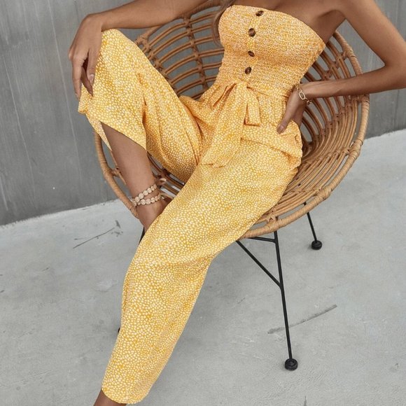 Yellow Boho Womens Allover Print Pocket Side Belted Tube Jumpsuit - Picture 7 of 9
